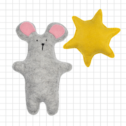 Gray felt diy mouse plush toy and yellow star on a grid background