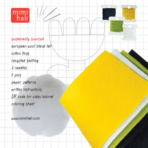 Crafting kit components including felt, needles, and thread on a grid background with mimihali branding.