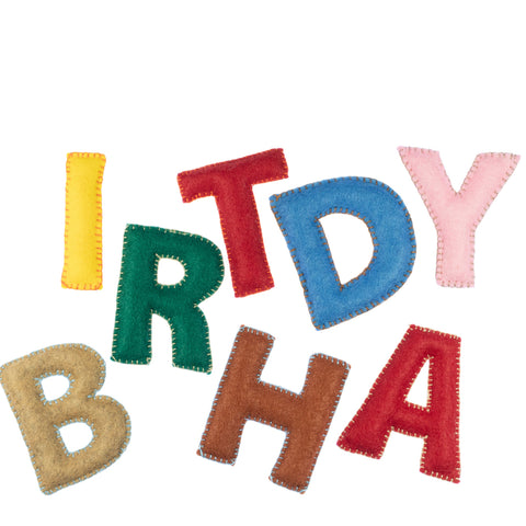 Colorful fabric letters spelling 'BIRTHDAY' on a white background