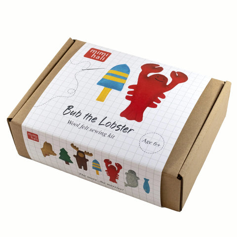 Wool felt sewing kit packaging with 'Bub the Lobster' design on a white background