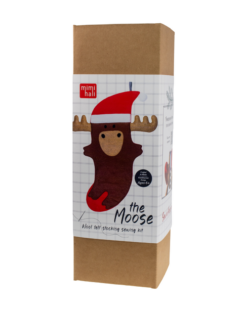 DIY moose felt Christmas stocking sewing kit, holiday decor craft.