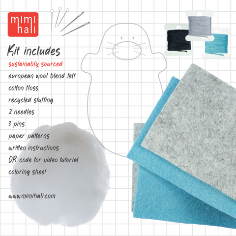 Craft kit packaging with felt pieces, needles, and pins on a grid background, featuring the mimihali brand.