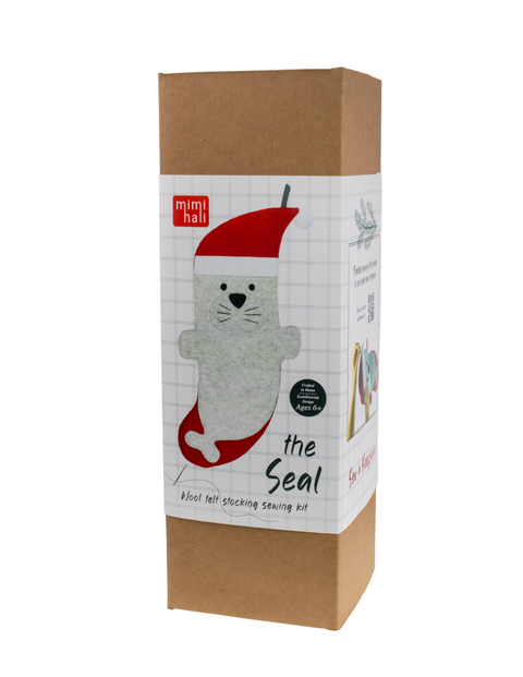 DIY seal felt Christmas stocking sewing kit, handmade holiday craft.
