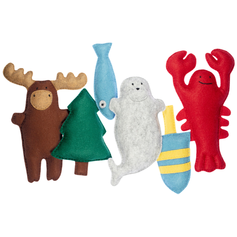 Set of colorful plush toys including a moose, tree, seal, and lobster on a white background