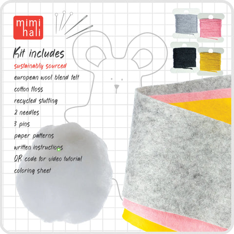 Beginner sewing kit contents – wool felt, stuffing, floss, tools