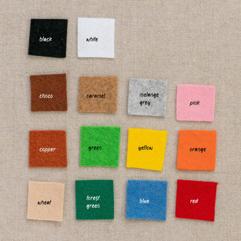 14 color swatches of wool blend felt
