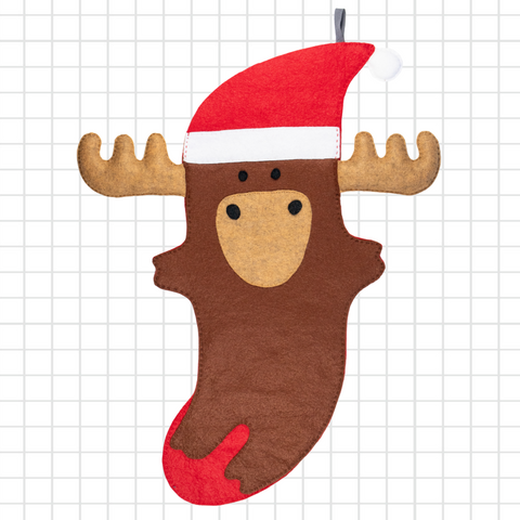 Moose-shaped Christmas stocking with a Santa hat on a grid background