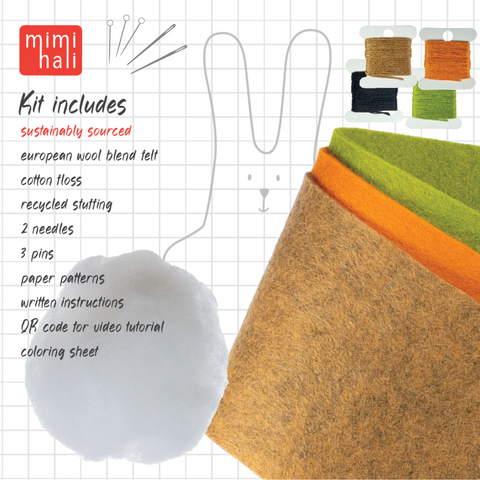 Craft kit with felt pieces, needles, and thread on a grid background, featuring mimi halélá brand.