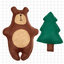 Brown bear-shaped toy and green tree-shaped toy on a grid background
