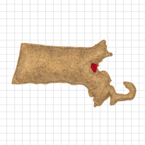 felt Massachusetts with a red heart on a grid background