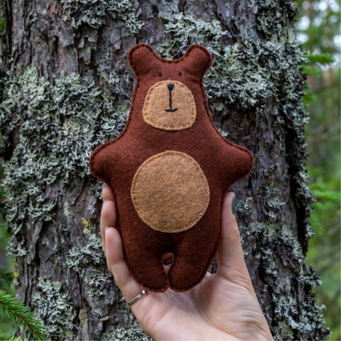 Brown teddy bear held against a tree trunk in a forest setting