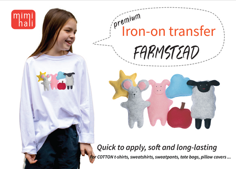 Girl wearing a white shirt with farm-themed iron-on transfers and promotional information about the product.