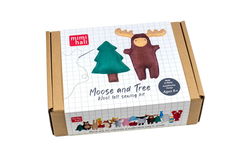 Moose and Tree wool felt sewing kit packaging with 'mimhali' branding on a white background.