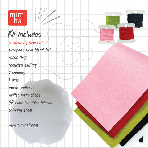 Craft kit info with felt pieces, threads, and materials on a grid background, featuring the mimihali branding.