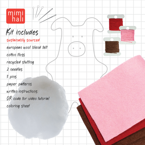 Craft kit with materials and tools on a grid background, including text about what is included.